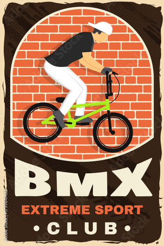Bmx extreme sport club poster, banner, magazine template. Vector. Concept for shirt, logo, print, stamp, tee with man ride on a sport bicycle. Vintage typography design with bmx cyclist silhouette.