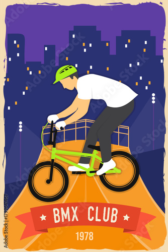 Bmx extreme sport club poster, banner, magazine template. Vector. Concept for shirt, logo, print, stamp, tee with man ride on a sport bicycle. Vintage typography design with bmx cyclist silhouette.