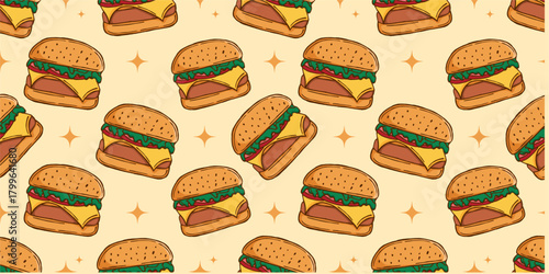 hand-drawn burger seamless pattern with stars on a light yellow background. Perfect for wallpaper, wrapping paper, textiles, and various design projects