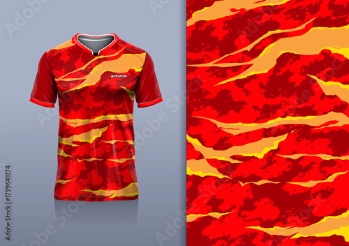 T-shirt mockup abstract texture grunge sport jersey design for football, soccer, racing, esports, running, red yellow color