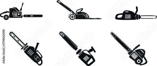 Trimming and Edging Silhouette set. A collection of black silhouettes featuring various garden and landscaping tools, including chainsaws and a lawnmower.