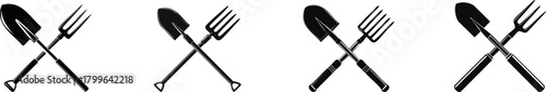 General Landscaping Silhouette set. A graphic featuring crossed gardening tools, including shovels and forks, symbolizing gardening and outdoor activities.