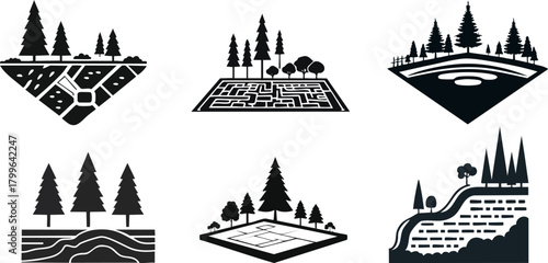 General Landscaping Silhouette set. A collection of stylized black and white vector illustrations featuring landscapes with trees, paths, and geometric designs.
