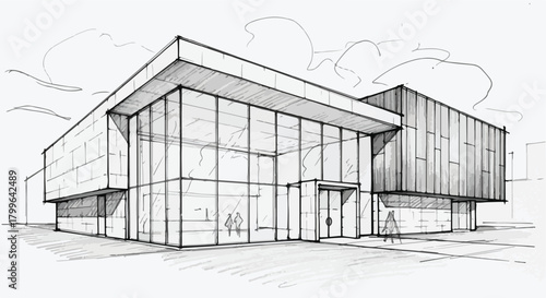 Minimalist contemporary architectural sketch depicting a geometric glass building with clean angled structures and a modern streamlined exterior layout.