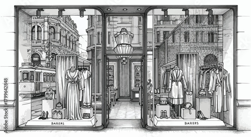 Artistic interior sketch showing a boutique fashion shop with structured shelving, detailed display racks, decorative walls, and an elegant commercial layout.