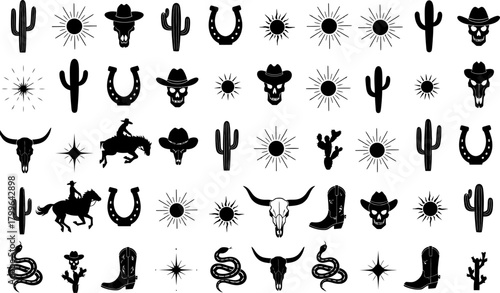 Collection of western and cowboy themed icons and symbols in black and white silhouette style