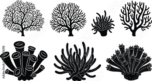Collection of stylized black and white silhouette illustrations of trees and coral
