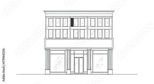 Minimalist line-art depiction of a symmetric storefront with clean window framing, straight architectural lines, and a contemporary commercial facade.