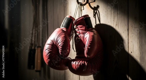 Vintage Red Boxing Gloves Hanging in Gym with Dramatic Lighting