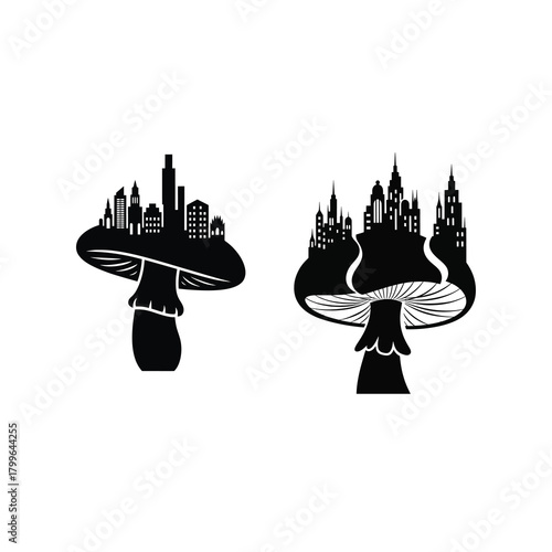 Fantasy cityscape grows atop whimsical mushroom caps in silhouette.
