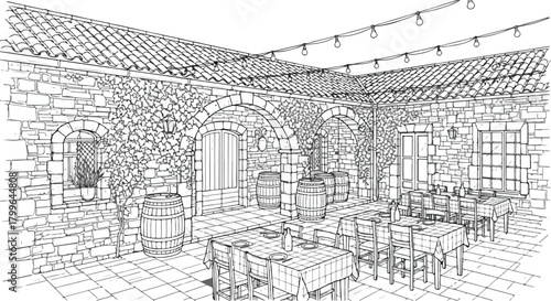 Architectural courtyard sketch depicting stone walls, arranged dining tables, overhead string lighting, and an open-air restaurant layout.