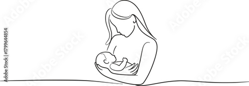 Elegant minimalist drawing of mother lovingly holding her newborn baby in tender embrace