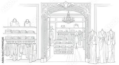 Interior architectural line sketch of a clothing boutique with display racks, symmetrical shelving units, and an arched decorative entrance framing the room.