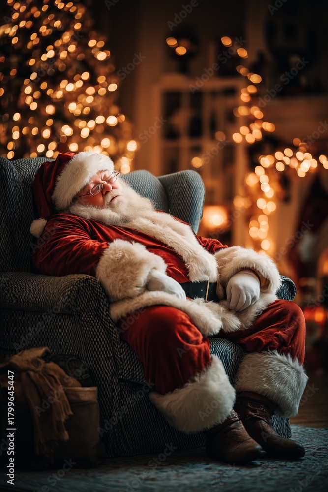 Naklejka premium Santa Claus sleeping in an armchair after delivering gifts. Cozy cabin, warm lights, peaceful Christmas scene.