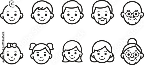 Happy family generations line icons for genealogy projects and family tree designs for web use