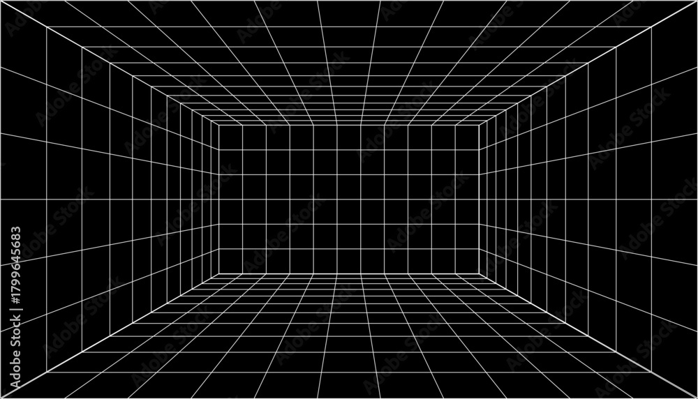 Fototapeta premium One-point perspective wireframe grid showing a simple empty tunnel or room on a black background. Used for drawing depth and 3D space.