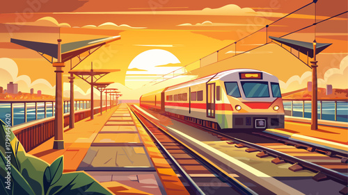 Very beautiful train arriving at a station during golden hour in Long Branch, New Jersey, with warm sunlight illuminating the tracks, platform, and surrounding coastal town atmosphere.
