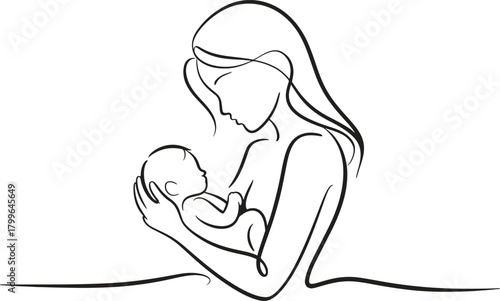 Elegant mother lovingly cradling newborn baby in minimalist line art illustration conveying maternal love