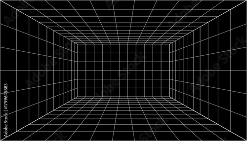 One-point perspective wireframe grid showing a simple empty tunnel or room on a black background. Used for drawing depth and 3D space.