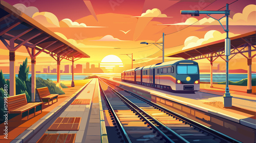 Very beautiful train arriving at a station during golden hour in Long Branch, New Jersey, with warm sunlight illuminating the tracks, platform, and surrounding coastal town atmosphere.