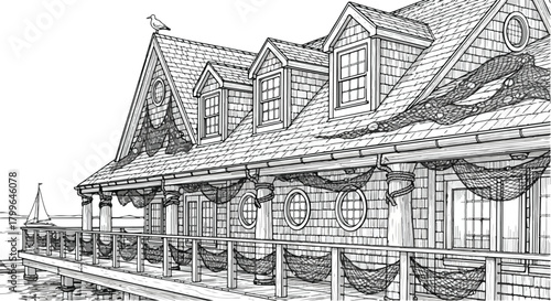 Architectural sketch of a long traditional building with sloped rooflines, repetitive windows, and detailed ornamental exterior elements along the façade.