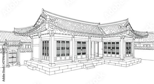 Traditional architectural sketch of a heritage pavilion with curved tiled roofing, elevated base structure, and classic East Asian exterior aesthetics.