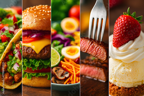 Delicious collage of popular foods including tacos a juicy burger fresh salad steak and a sweet dessert