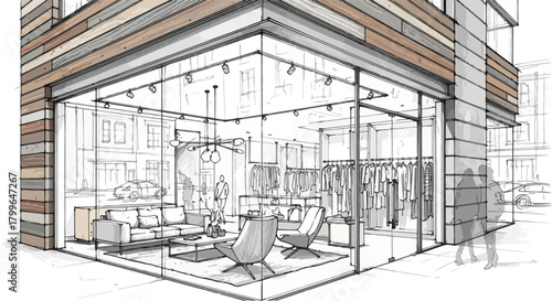 Architectural sketch of a modern glass corner boutique with fully transparent walls, angled structural framing, and a clean contemporary retail exterior design.