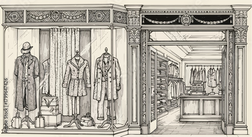 Interior architectural line sketch of a classic fashion boutique featuring wood-framed shelving, symmetrical racks, and a refined heritage-inspired merchandising layout.