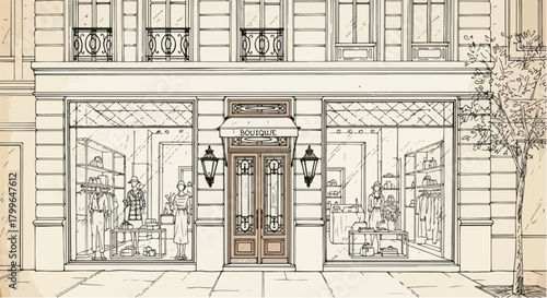 Artistic storefront rendering with detailed vintage façade, lantern lighting, classic double-door entrance, ornamental trimming, and warm heritage retail character.
