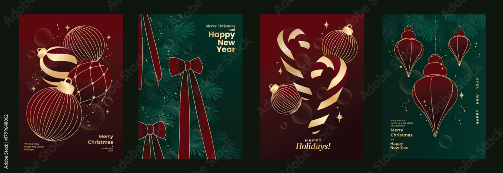 Obraz premium Christmas vector illustration with gold ornaments, red ribbons, festive baubles and geometric tree shapes in deep red and green — elegant design for Christmas and New Year cards.