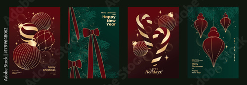 Christmas vector illustration with gold ornaments, red ribbons, festive baubles and geometric tree shapes in deep red and green — elegant design for Christmas and New Year cards.