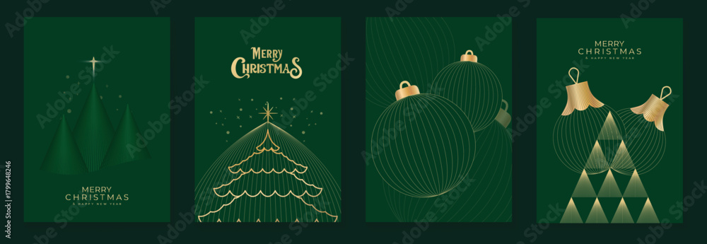 Obraz premium Christmas vector set with gold ornaments, geometric trees and glowing stars in deep green — elegant festive illustration for Christmas and New Year greeting cards.