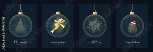Christmas ornament vector illustration with gold tree, snowflake, gift and festive bauble details in navy blue and gold — elegant holiday design for Christmas and New Year cards.