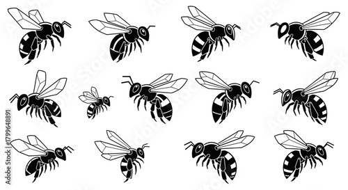 Dynamic collection of stylized bees in flight, perfect for nature, agriculture, or design projects seeking a modern, clean aesthetic.