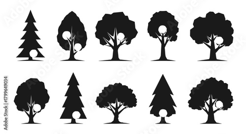 Diverse collection of stylized black trees, including evergreen and deciduous shapes, perfect for natural design elements and branding