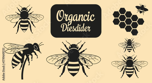 Vibrant collection of stylized bees and honeycomb illustrations perfect for organic branding and natural product designs