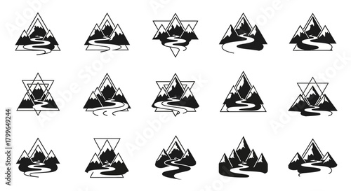 Dynamic mountain river logos capture adventure and exploration, perfect for outdoor brands seeking a modern, natural aesthetic.