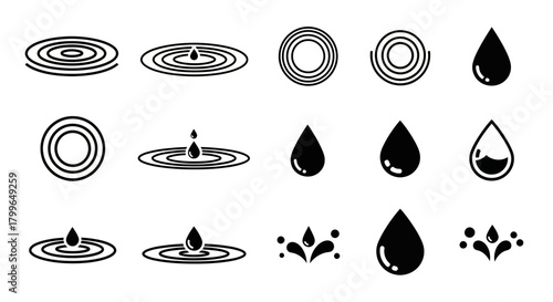 Dynamic water drop icons and ripple effects create stunning visual elements for fluid design projects and environmental themes