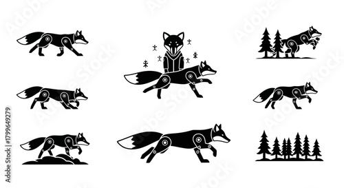 Dynamic robotic foxes in various poses and natural forest settings, perfect for modern design and whimsical concepts