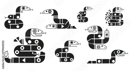 Dynamic geometric snake illustrations offer modern, artistic flair for diverse design projects and branding