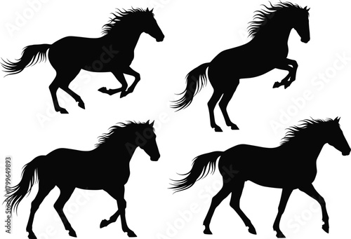 Set of running and rearing horse silhouettes, elegant equine vector illustration showing dynamic motion for logo, design, pattern, and decorative artwork