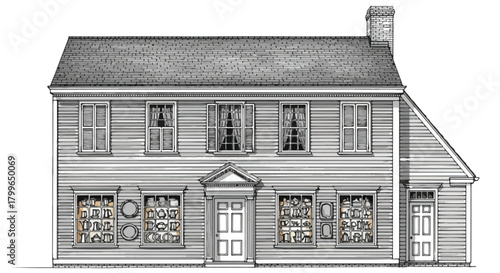 Architectural sketch of a traditional wooden commercial house with pitched gable roof, front shop windows, rustic siding, and a classic heritage-building retail identity.