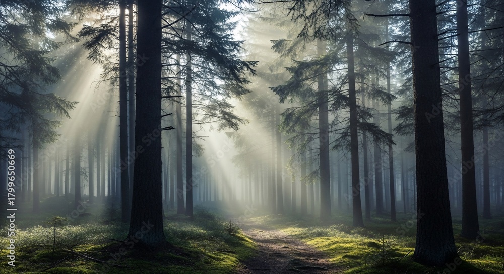 Fototapeta premium Sunbeams Through Forest Trees - Misty Morning Light in Woodland, Nature Scene.