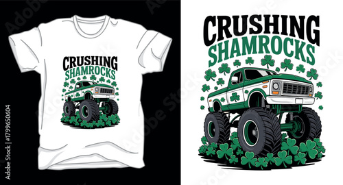 Crushing shamrocks monster truck graphic vector art t-shirt design print