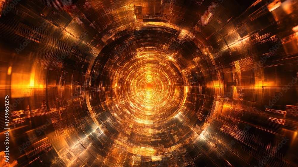Fototapeta premium Abstract golden light tunnel background representing digital data