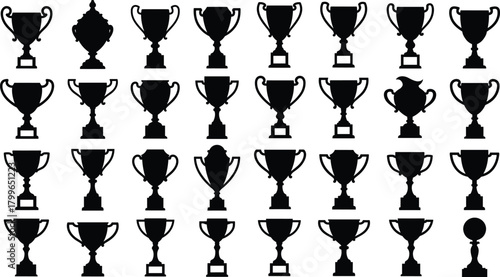 Set of trophy cup silhouette vector illustrations, sports award collection for competition and achievement, success, victory and winner concept graphic design