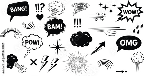 Hand drawn comic book style speech bubbles and sound effects