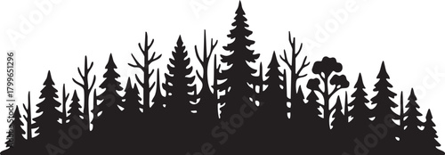 Dark silhouette of a dense forest landscape isolated on transparent background