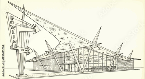 Technical architectural rendering of a modern structural complex with angled supports, futuristic geometry, and bold industrial exterior silhouettes.